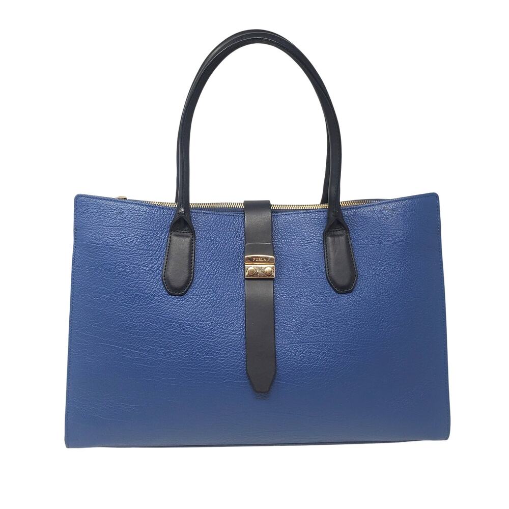 Furla Flair Genuine Leather Tote Bag Blue Black Grained Double Handle Large
